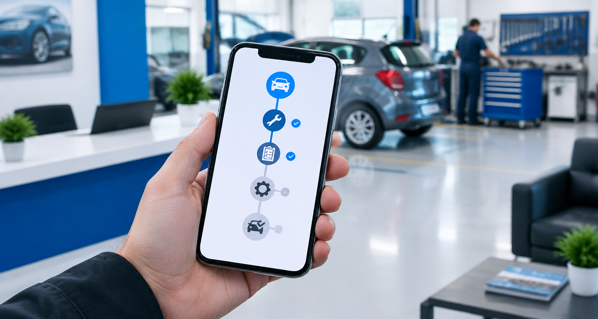 Online repair tracking screen showing a vehicle's status in TallerIA, viewed from a customer's phone